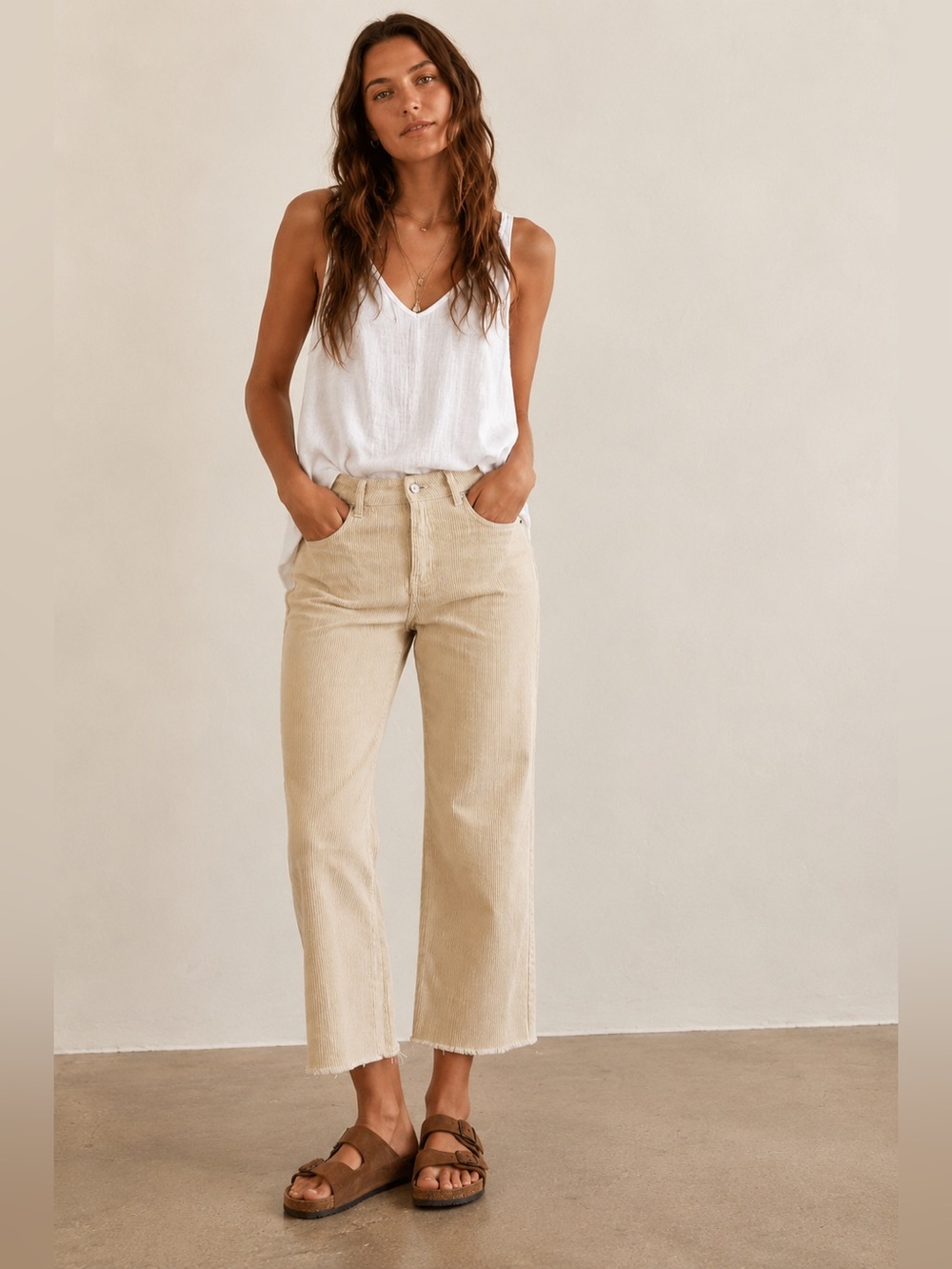 POL Ryan Vintage Cream Yellow Corduroy Pants Raw Hem Wide Wale Boho M